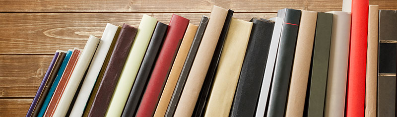 Books leaning against each other in front of a wood background